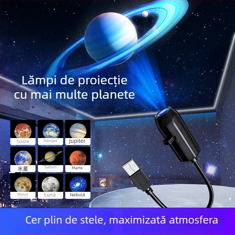 Lampa Lunii cu Cer Înstelat - Proiector de Noapte Reglabil pentru Dormitor, Alimentare USB, 5V, Montaj pe Podea