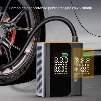 Pompa de aer portabilă pentru mașină — 12V, 100W, alimentare USB, afișaj digital, manometru pentru presiunea pneurilor