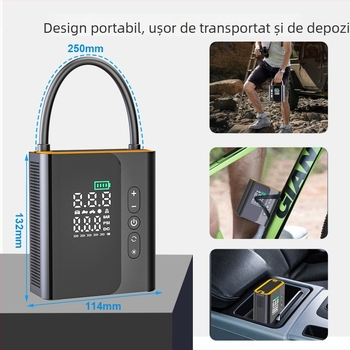 Pompa de aer portabilă pentru mașină — 12V, 100W, alimentare USB, afișaj digital, manometru pentru presiunea pneurilor