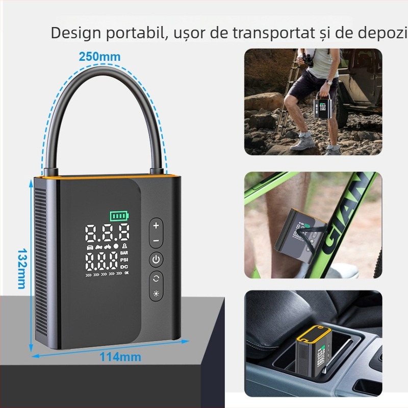 Pompa de aer portabilă pentru mașină — 12V, 100W, alimentare USB, afișaj digital, manometru pentru presiunea pneurilor