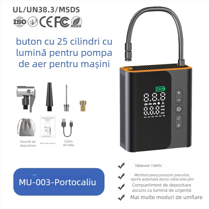 Pompa de aer portabilă pentru mașină — 12V, 100W, alimentare USB, afișaj digital, manometru pentru presiunea pneurilor