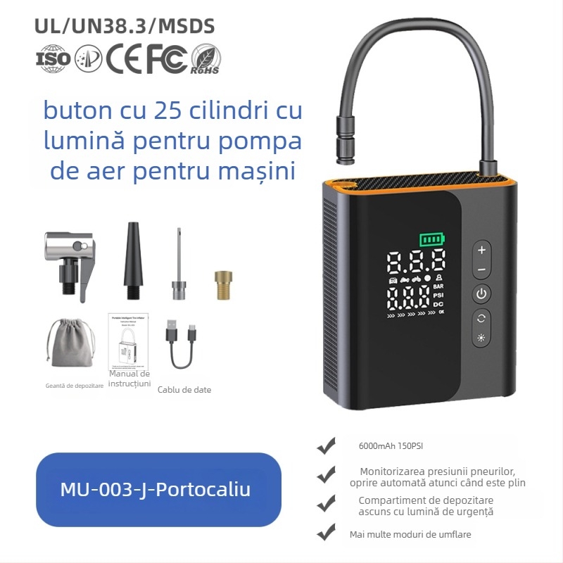 Pompa de aer portabilă pentru mașină — 12V, 100W, alimentare USB, afișaj digital, manometru pentru presiunea pneurilor