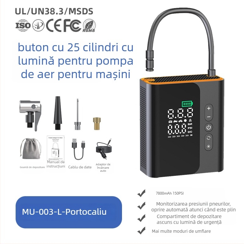 Pompa de aer portabilă pentru mașină — 12V, 100W, alimentare USB, afișaj digital, manometru pentru presiunea pneurilor
