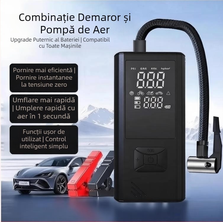 Pompa de aer portabilă pentru mașină, fără fir, cu LED, afișaj digital și manometru pentru presiunea pneurilor, alimentare USB