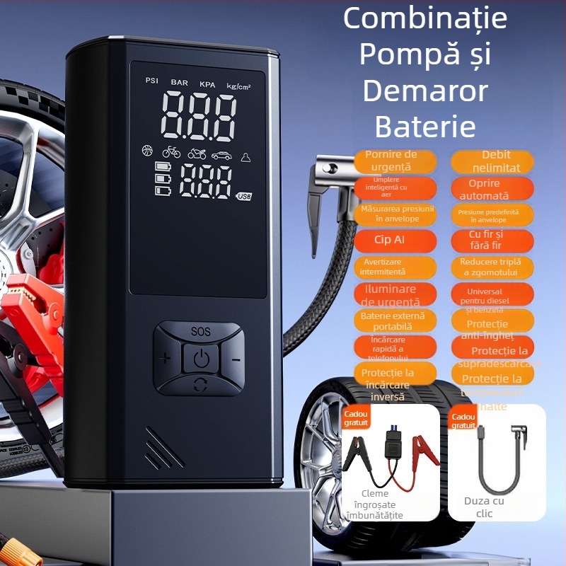 Pompa de aer portabilă pentru mașină, fără fir, cu LED, afișaj digital și manometru pentru presiunea pneurilor, alimentare USB