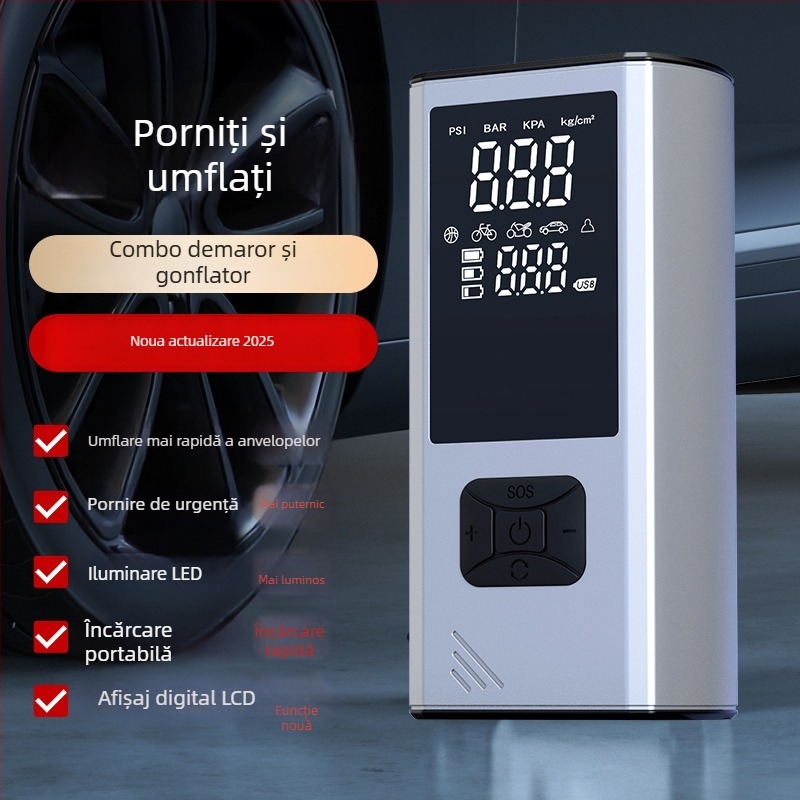 Pompa de aer portabilă pentru mașină, fără fir, cu LED, afișaj digital și manometru pentru presiunea pneurilor, alimentare USB