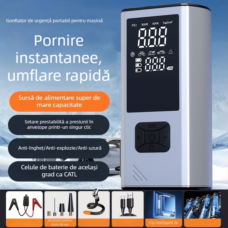 Pompa de aer portabilă pentru mașină, fără fir, cu LED, afișaj digital și manometru pentru presiunea pneurilor, alimentare USB