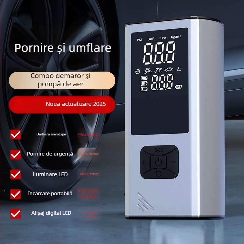 Pompa de aer portabilă pentru mașină, fără fir, cu LED, afișaj digital și manometru pentru presiunea pneurilor, alimentare USB