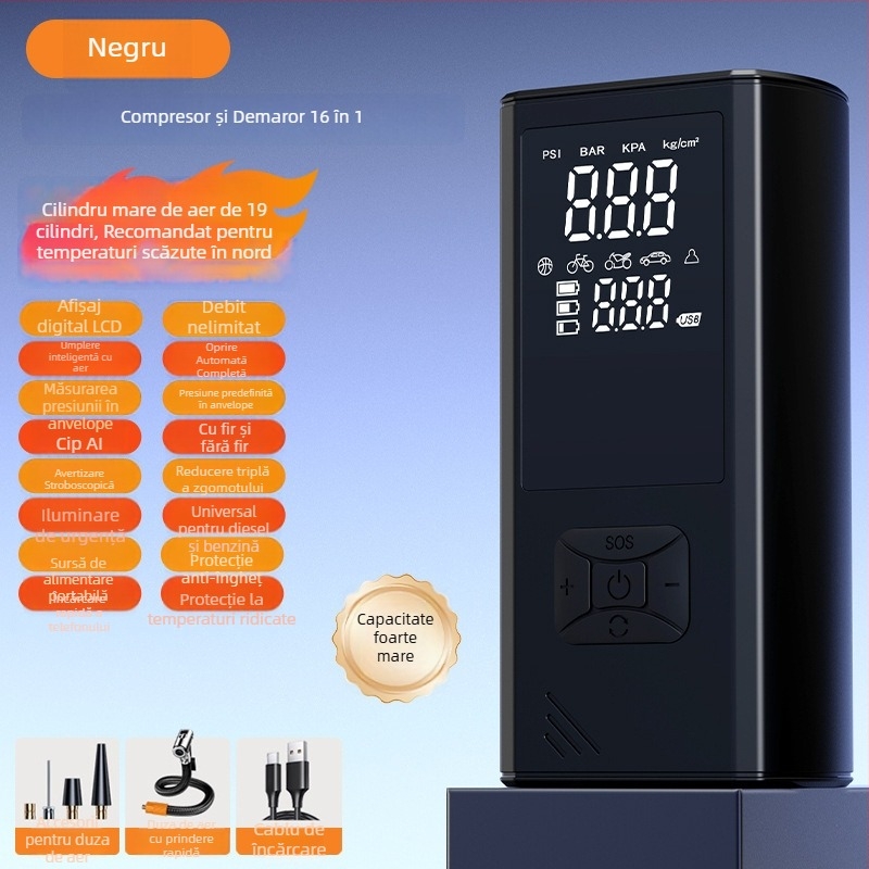 Pompa de aer portabilă pentru mașină, fără fir, cu LED, afișaj digital și manometru pentru presiunea pneurilor, alimentare USB