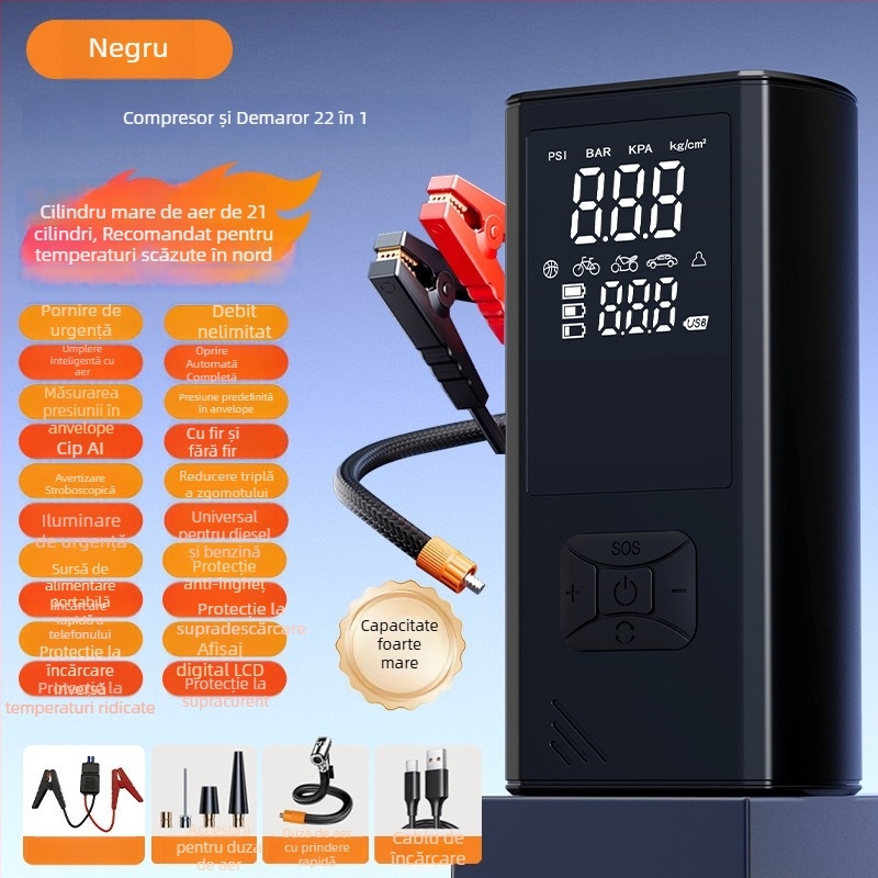 Pompa de aer portabilă pentru mașină, fără fir, cu LED, afișaj digital și manometru pentru presiunea pneurilor, alimentare USB