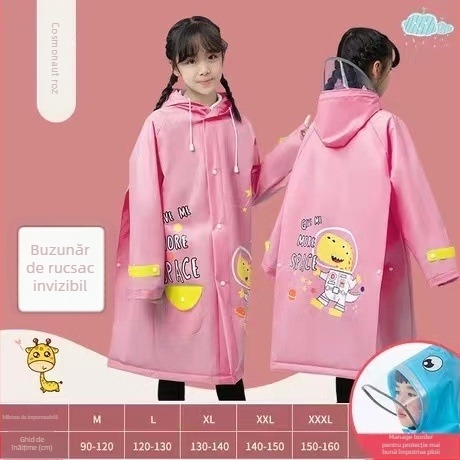 Pelerină de ploaie EVA pentru copii, cu buzunar pentru ghiozdan, poncho dintr-o bucată, stil desen animat, material gros
