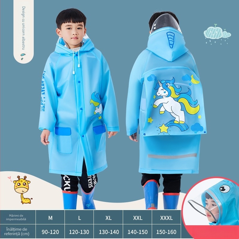 Pelerină de ploaie EVA pentru copii, cu buzunar pentru ghiozdan, poncho dintr-o bucată, stil desen animat, material gros