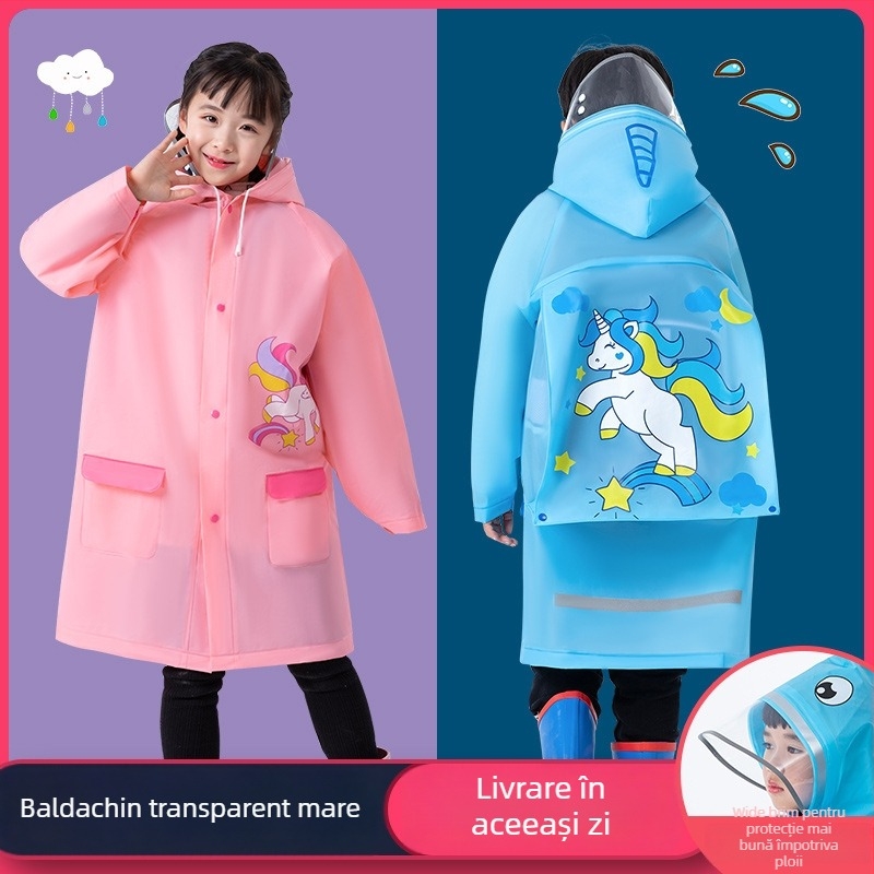 Pelerină de ploaie EVA pentru copii, cu buzunar pentru ghiozdan, poncho dintr-o bucată, stil desen animat, material gros