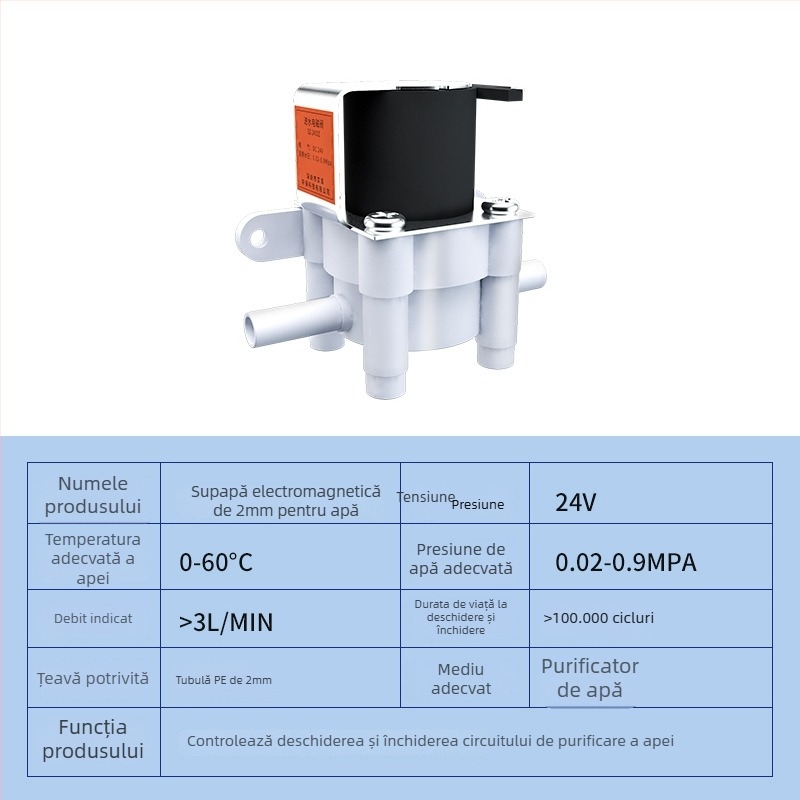 Valvă solenoidă pentru purificator de apă, cu intrare 24V, 12V, spălare automată, cu cuplări rapide 2/3