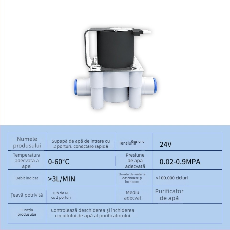 Valvă solenoidă pentru purificator de apă, cu intrare 24V, 12V, spălare automată, cu cuplări rapide 2/3
