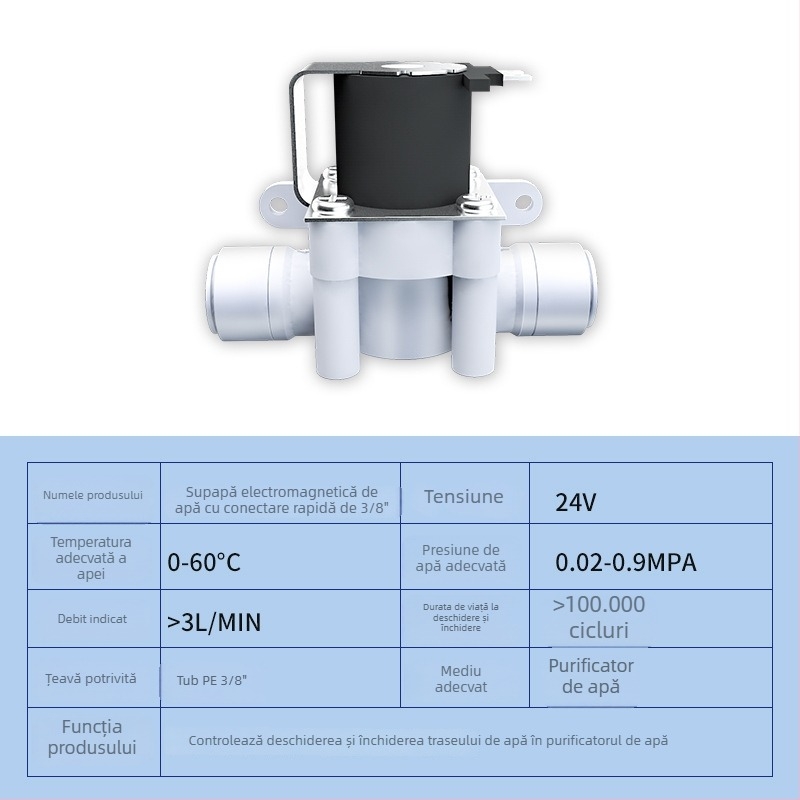 Valvă solenoidă pentru purificator de apă, cu intrare 24V, 12V, spălare automată, cu cuplări rapide 2/3