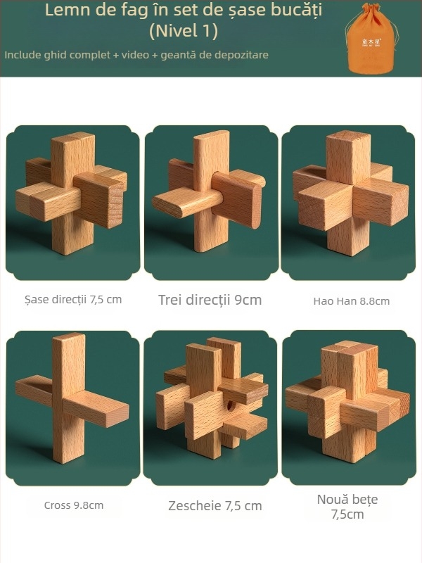 Set din lemn Kongming-Luban în cutie colorată — lemn de fag, construcție mortise‑and‑tenon, dezvoltarea motricității fine