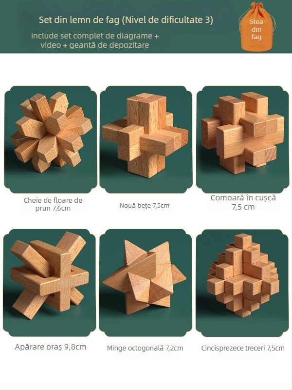 Set din lemn Kongming-Luban în cutie colorată — lemn de fag, construcție mortise‑and‑tenon, dezvoltarea motricității fine