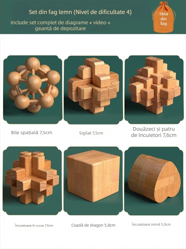 Set din lemn Kongming-Luban în cutie colorată — lemn de fag, construcție mortise‑and‑tenon, dezvoltarea motricității fine