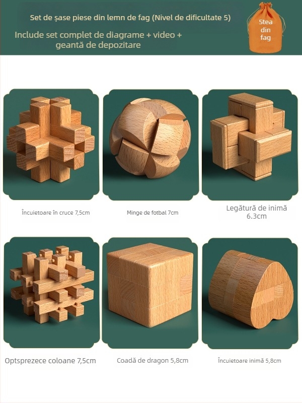 Set din lemn Kongming-Luban în cutie colorată — lemn de fag, construcție mortise‑and‑tenon, dezvoltarea motricității fine