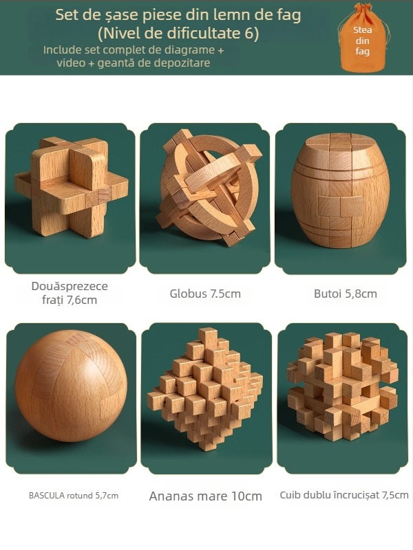 Set din lemn Kongming-Luban în cutie colorată — lemn de fag, construcție mortise‑and‑tenon, dezvoltarea motricității fine