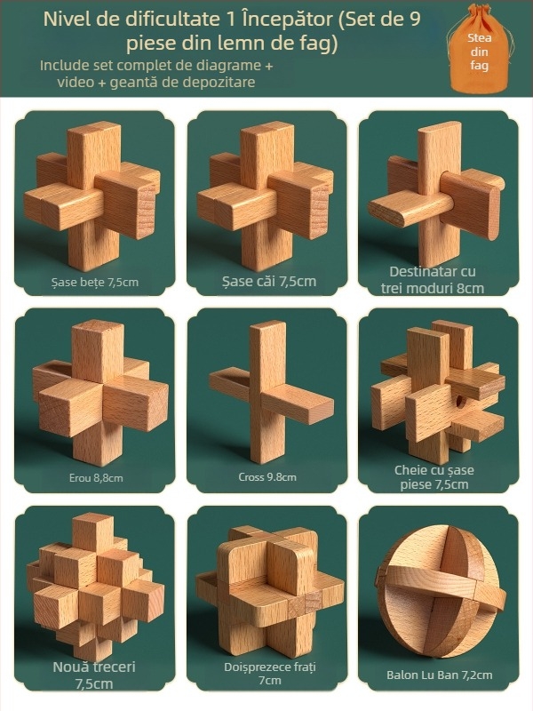 Set din lemn Kongming-Luban în cutie colorată — lemn de fag, construcție mortise‑and‑tenon, dezvoltarea motricității fine