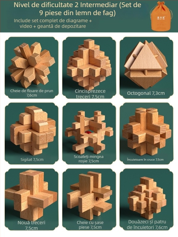 Set din lemn Kongming-Luban în cutie colorată — lemn de fag, construcție mortise‑and‑tenon, dezvoltarea motricității fine