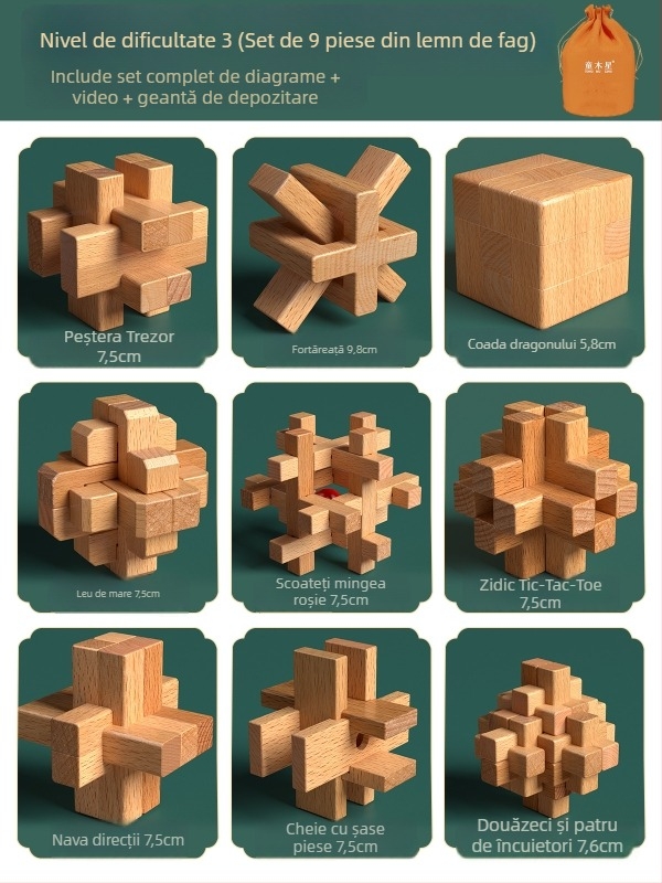 Set din lemn Kongming-Luban în cutie colorată — lemn de fag, construcție mortise‑and‑tenon, dezvoltarea motricității fine