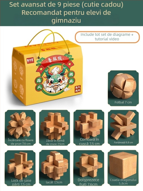 Set din lemn Kongming-Luban în cutie colorată — lemn de fag, construcție mortise‑and‑tenon, dezvoltarea motricității fine