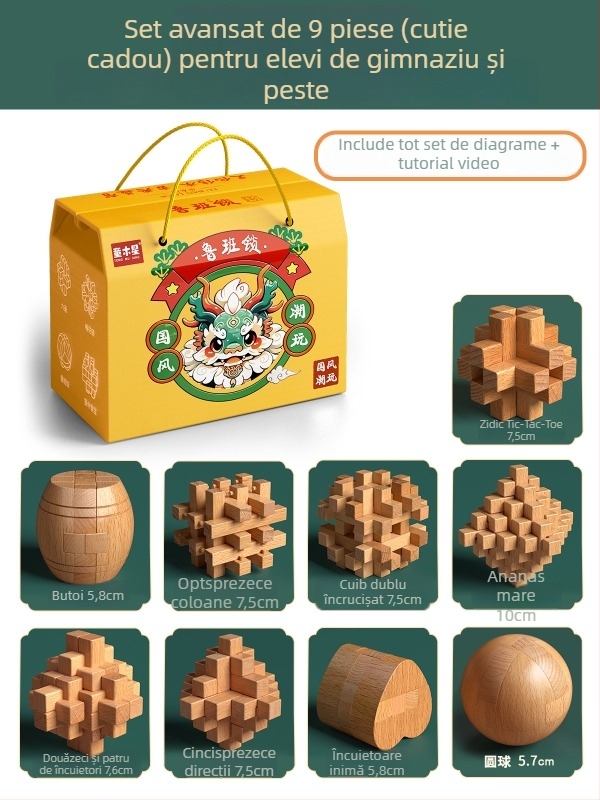 Set din lemn Kongming-Luban în cutie colorată — lemn de fag, construcție mortise‑and‑tenon, dezvoltarea motricității fine