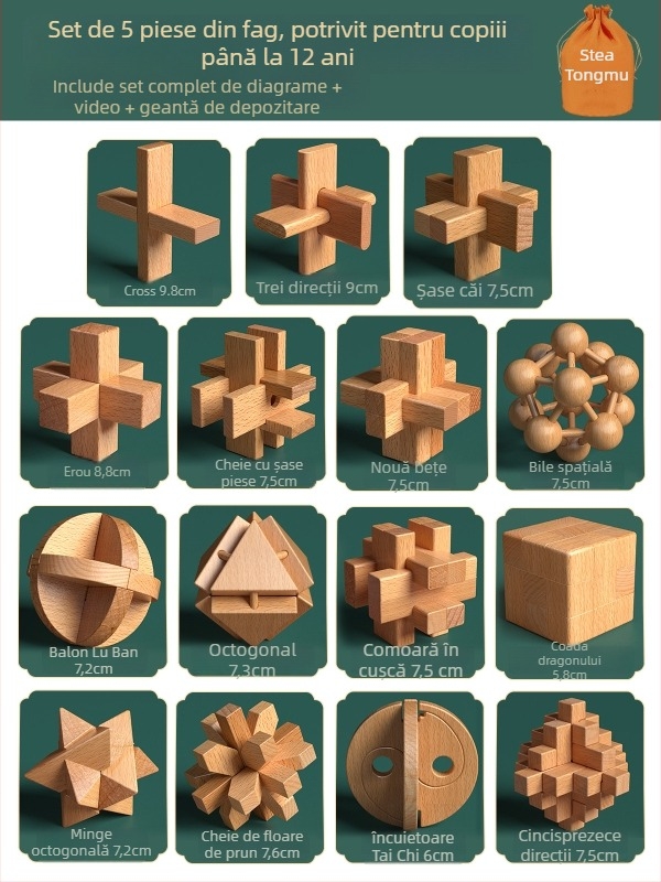 Set din lemn Kongming-Luban în cutie colorată — lemn de fag, construcție mortise‑and‑tenon, dezvoltarea motricității fine