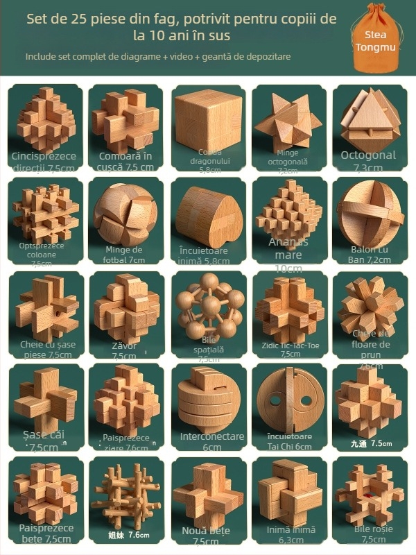 Set din lemn Kongming-Luban în cutie colorată — lemn de fag, construcție mortise‑and‑tenon, dezvoltarea motricității fine