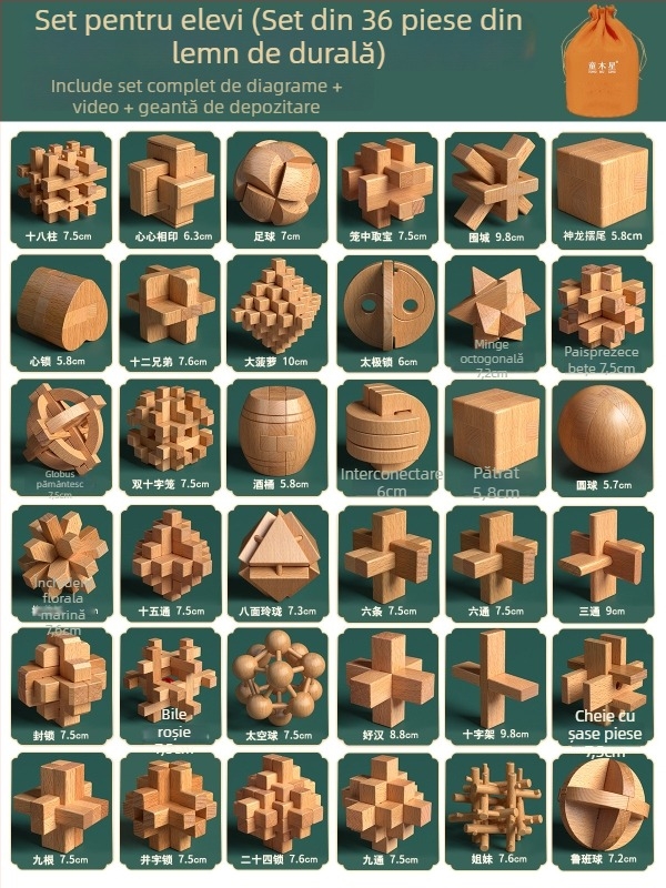 Set din lemn Kongming-Luban în cutie colorată — lemn de fag, construcție mortise‑and‑tenon, dezvoltarea motricității fine