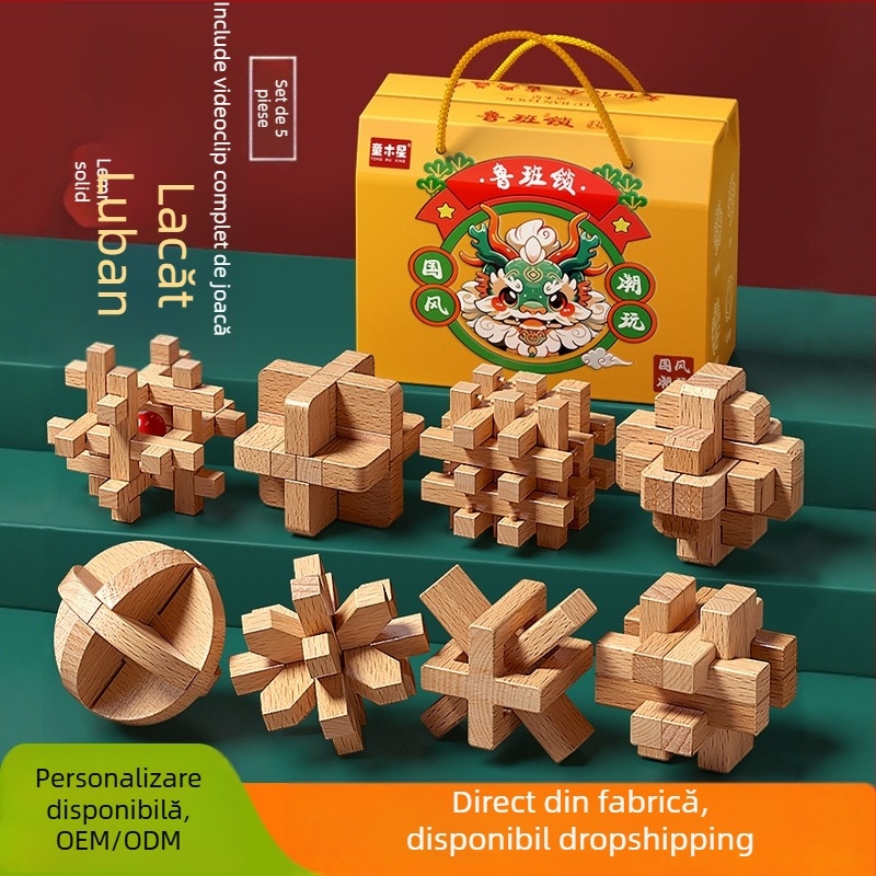 Set din lemn Kongming-Luban în cutie colorată — lemn de fag, construcție mortise‑and‑tenon, dezvoltarea motricității fine