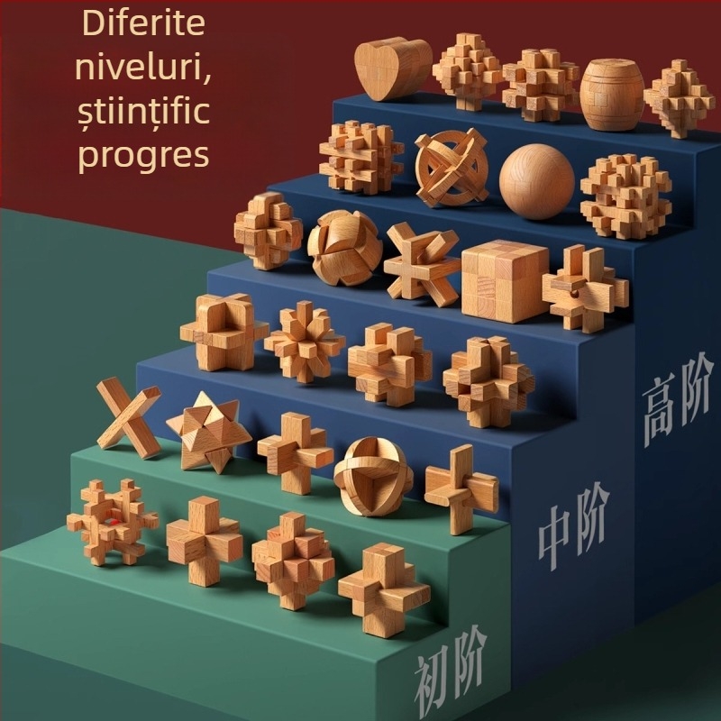 Set din lemn Kongming-Luban în cutie colorată — lemn de fag, construcție mortise‑and‑tenon, dezvoltarea motricității fine