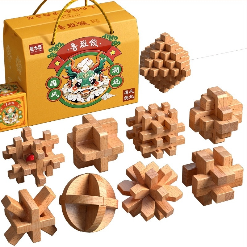 Set din lemn Kongming-Luban în cutie colorată — lemn de fag, construcție mortise‑and‑tenon, dezvoltarea motricității fine