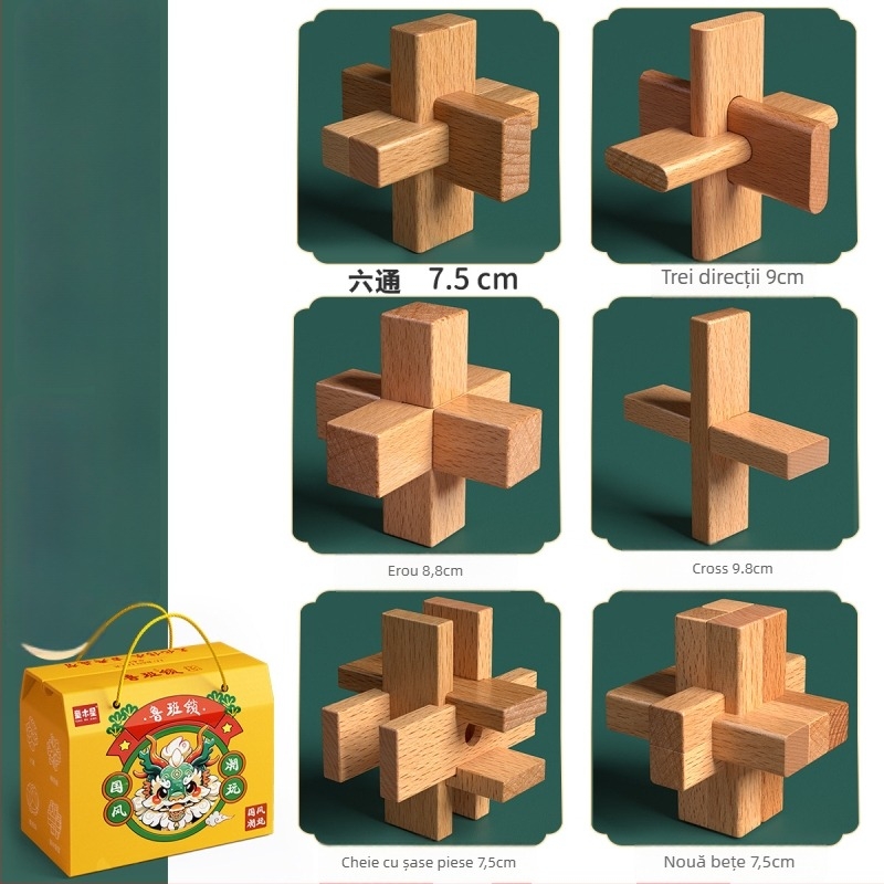 Set din lemn Kongming-Luban în cutie colorată — lemn de fag, construcție mortise‑and‑tenon, dezvoltarea motricității fine