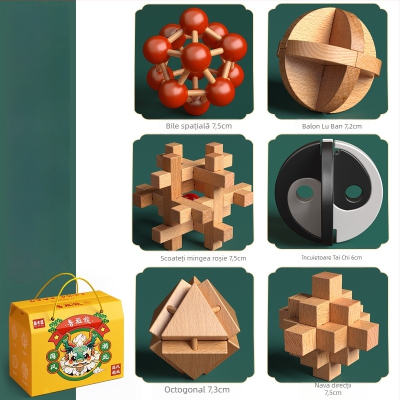 Set din lemn Kongming-Luban în cutie colorată — lemn de fag, construcție mortise‑and‑tenon, dezvoltarea motricității fine