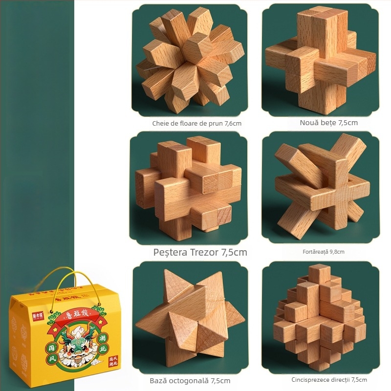 Set din lemn Kongming-Luban în cutie colorată — lemn de fag, construcție mortise‑and‑tenon, dezvoltarea motricității fine