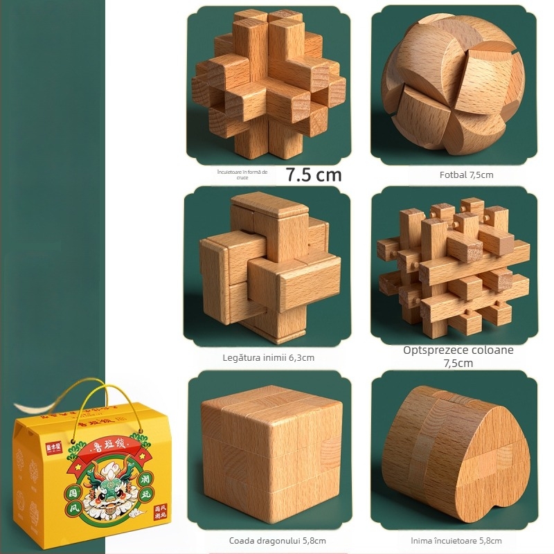 Set din lemn Kongming-Luban în cutie colorată — lemn de fag, construcție mortise‑and‑tenon, dezvoltarea motricității fine