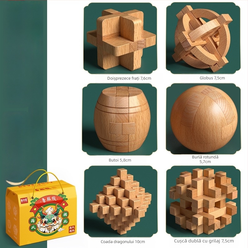 Set din lemn Kongming-Luban în cutie colorată — lemn de fag, construcție mortise‑and‑tenon, dezvoltarea motricității fine