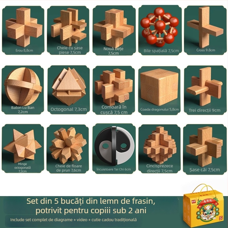 Set din lemn Kongming-Luban în cutie colorată — lemn de fag, construcție mortise‑and‑tenon, dezvoltarea motricității fine