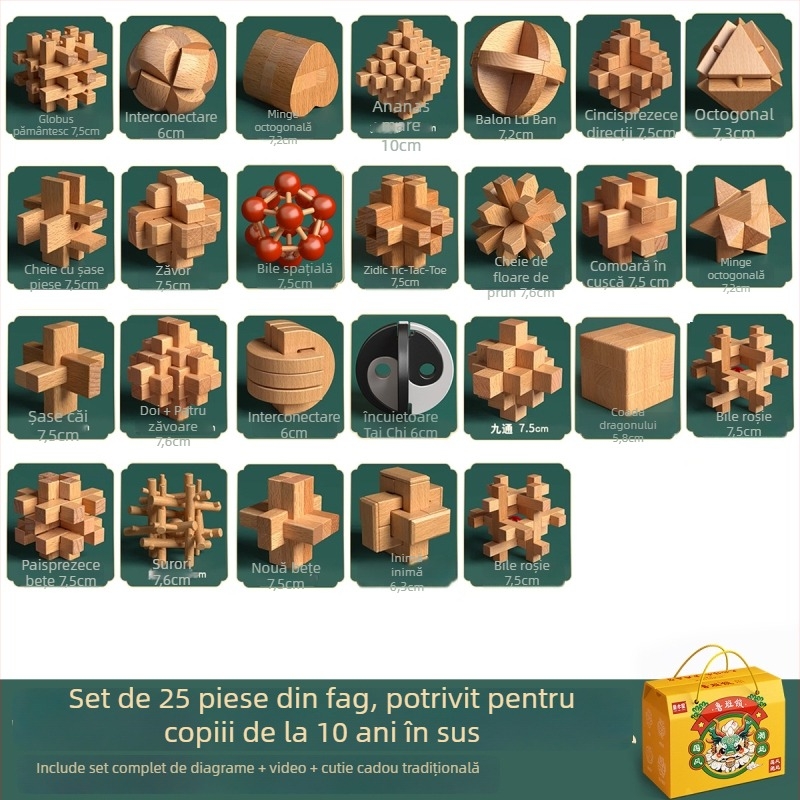 Set din lemn Kongming-Luban în cutie colorată — lemn de fag, construcție mortise‑and‑tenon, dezvoltarea motricității fine