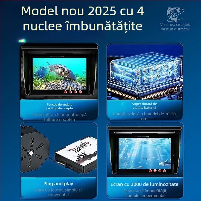 Cameră subacvatică HD pentru pescuit cu vizualizator, DC 10–18V, adâncime 0,6–500 m