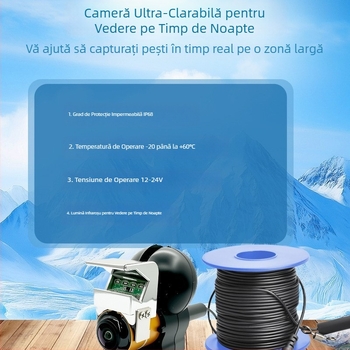 Detector de pește subacvatic cu afișaj vizual HD și vedere nocturnă infraroșu, complet impermeabil, adâncime 0,6–30 m