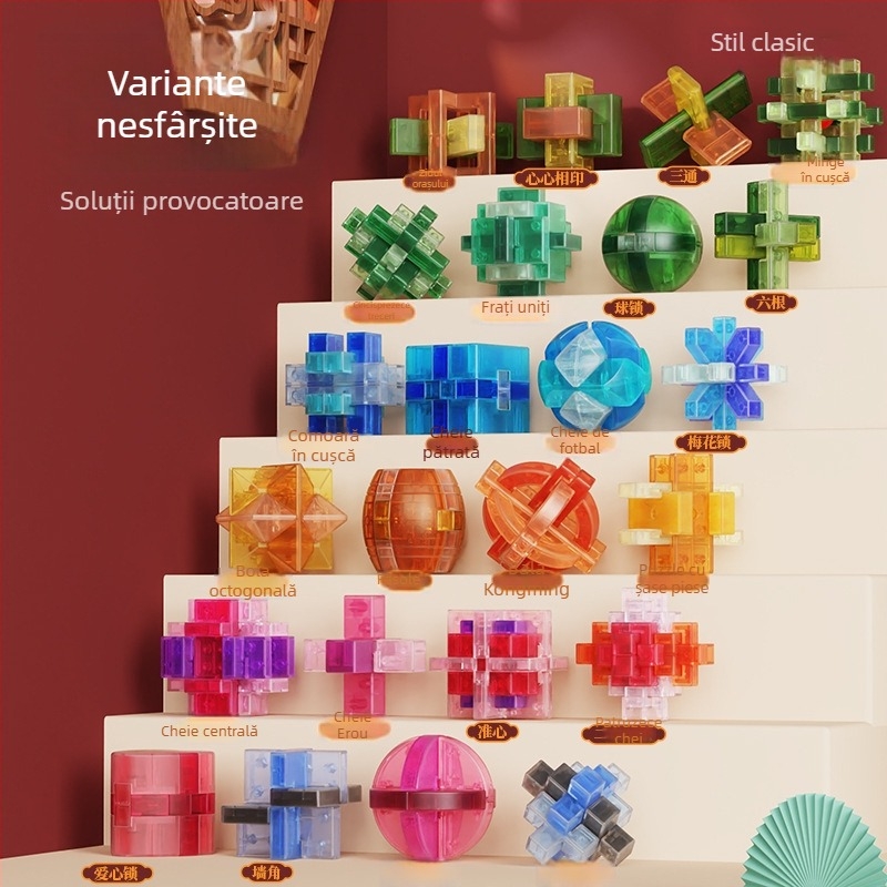 Puzzle Luban lock / Kongming lock, material ABS, antrenament pentru răbdare și dezvoltare cognitivă, ambalaj cutie colorată
