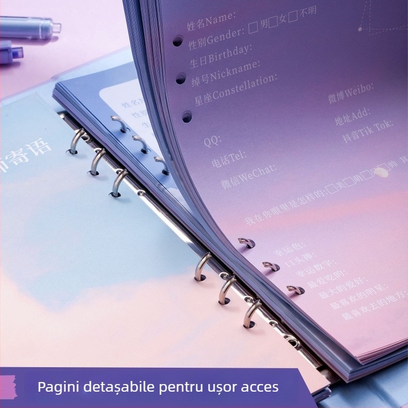 Album de amintiri pentru colegi din clasa a VI-a, cu copertă din piele, legat cu binder, pagini detașabile și adresar de contacte