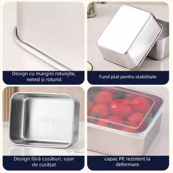 Cutie dreptunghiulară de păstrare din oțel inoxidabil 316, cu capac, 501–800 ml, menține prospețimea