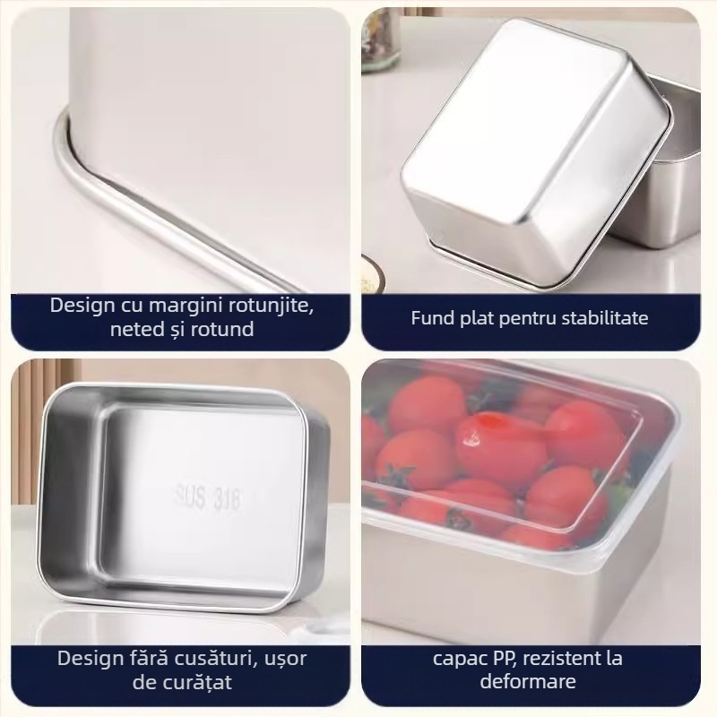 Cutie dreptunghiulară de păstrare din oțel inoxidabil 316, cu capac, 501–800 ml, menține prospețimea