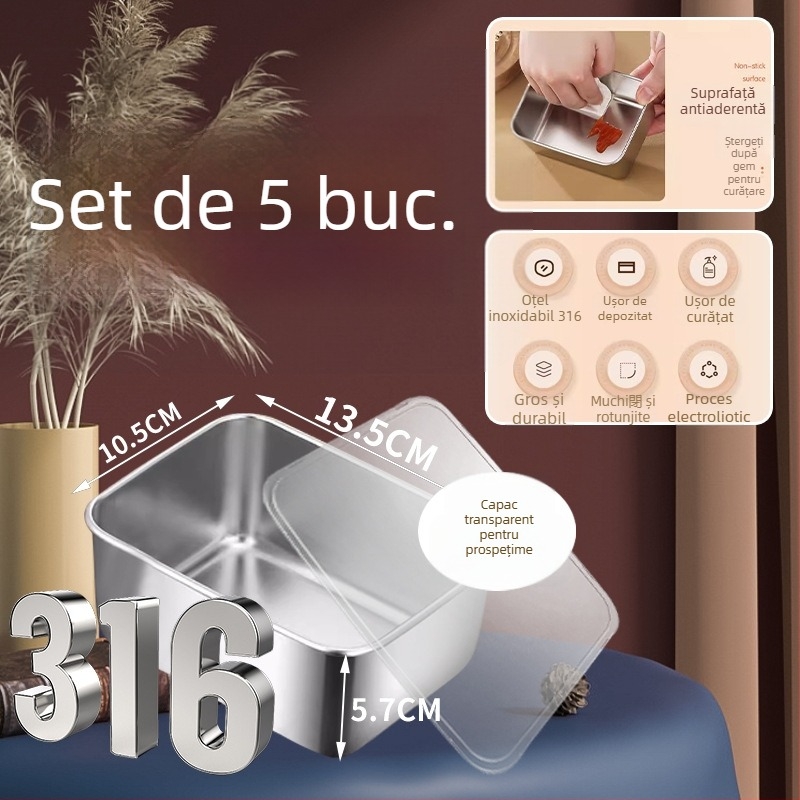 Cutie dreptunghiulară de păstrare din oțel inoxidabil 316, cu capac, 501–800 ml, menține prospețimea